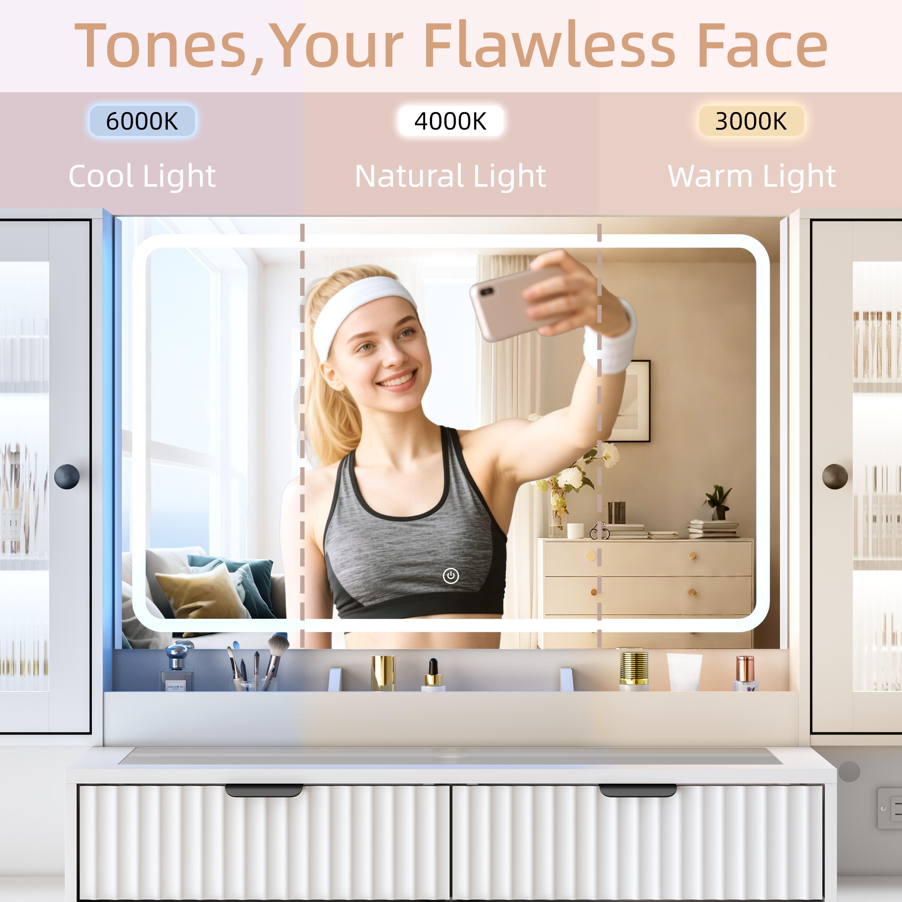 Fluted Makeup Vanity Desk with Mirror and Lights, 55" Glass Top Vanity with 8 Drawers & 4 RGB Glass Cabinets, Adjustable Shelves & Power Outlet, Modern Dressing Table for Women Girls Bedroom, Oak