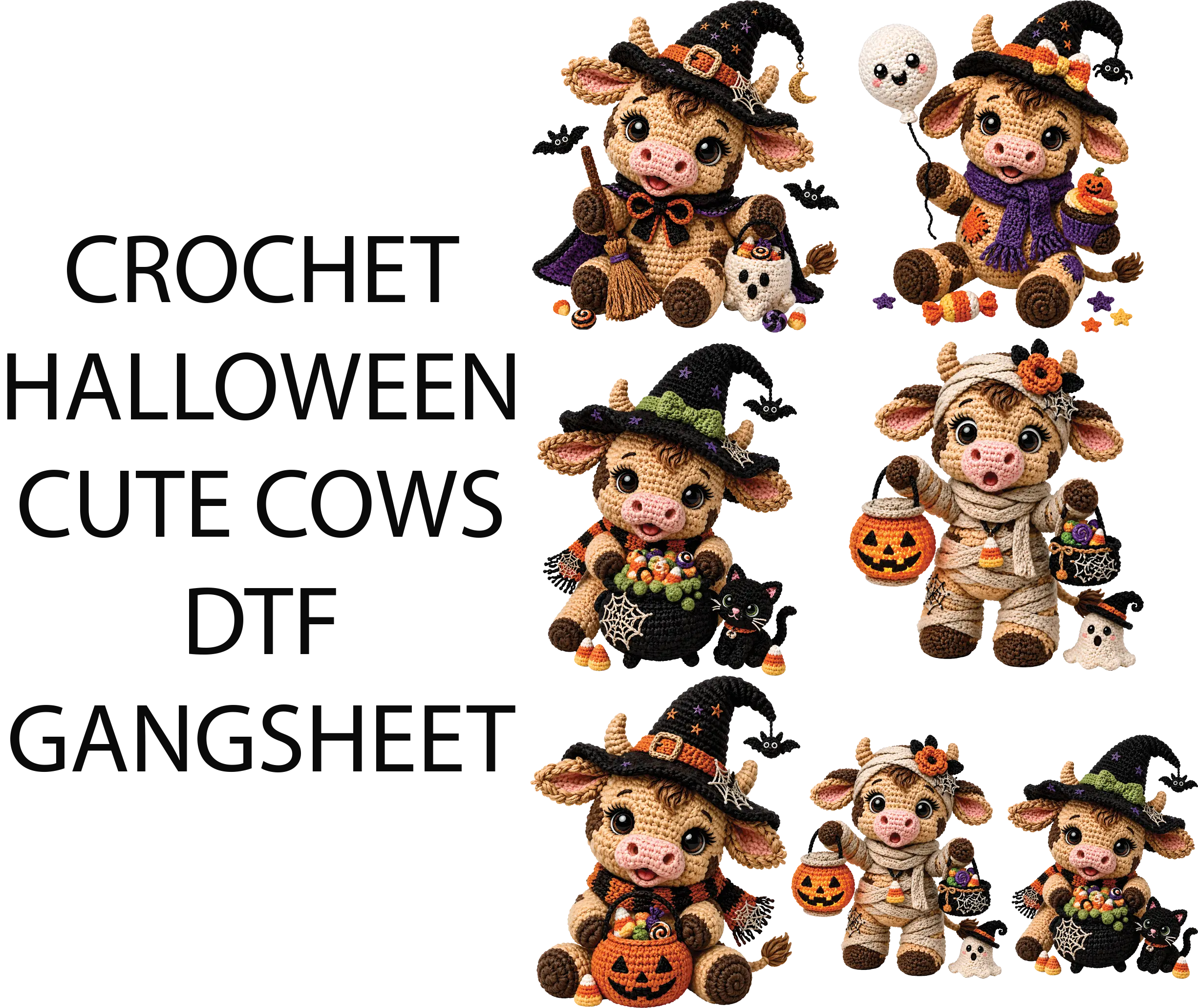 CROCHET HALLOWEEN CUTE COWS DTF GANGSHEET FOR SHIRTMAKING