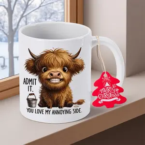 Charming Highland Cow Ceramic Coffee Mug Featuring Admit It You Love My Annoying Side Design 11oz Reusable Drinkware with NonSlip Base Hand Wash Only Perfect for Holiday Gifts Friends and Camping Essentials
