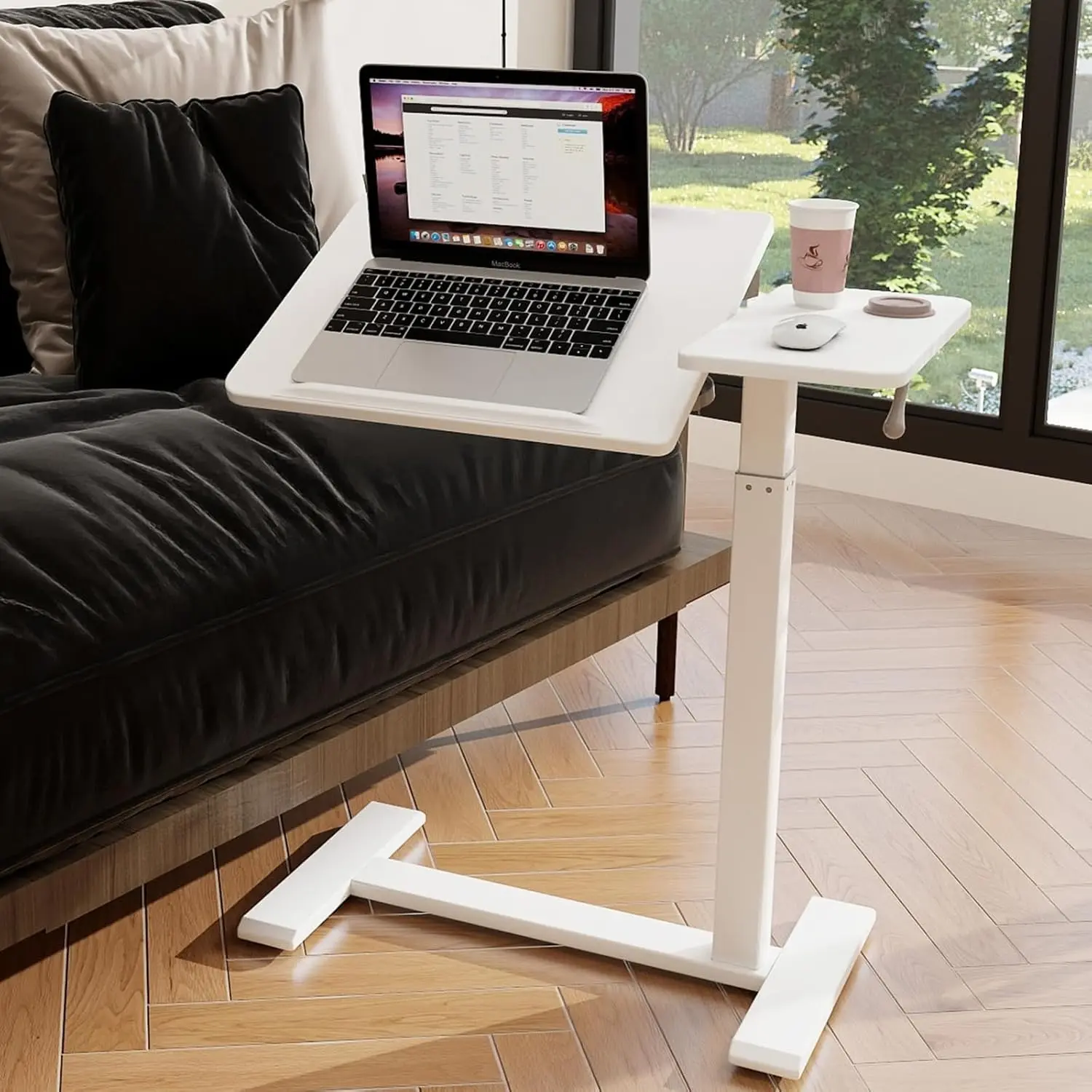 Height Adjustable Overbed Table with Pneumatic Lift  Split Top Tilting Tray and Rolling Laptop Desk – Bedside Cart for Reading Computer Work Study in Bedroom and Home Office