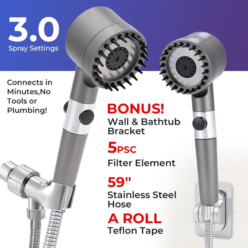 [ONLY $9.9 1PCS] Boosted Pressure Shower Head with Massage — 3 Spray Modes + 5 Purifying Filter Inserts