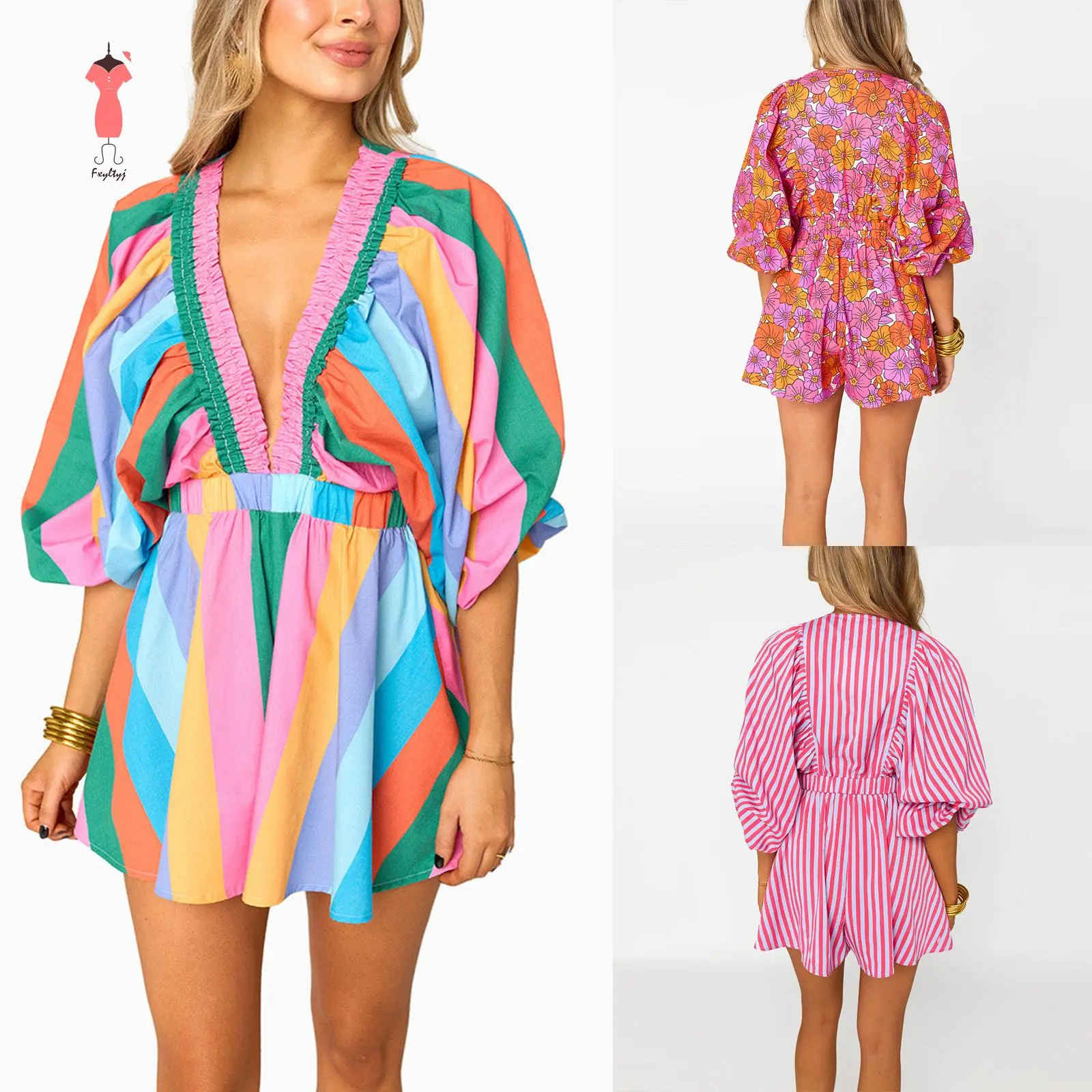 Women's Boho Stripe/Floral Print Casual Jumpsuit - 79 cm Long Sleeve Polyester Blend Romper with Deep V-Neck for Summer Women's Blouse-Inspired Wear