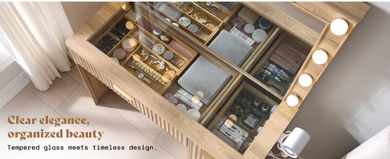 AMERLIFE 36.2/47.2" Fluted Vanity Desk with Mirror and Adjustable LED Lights, Large 4/7 Drawers Makeup Table with Glass Top and Charging Station for Women and Girls, Bedroom or Dorm/Best Gift Ideas/Christmas Gifts