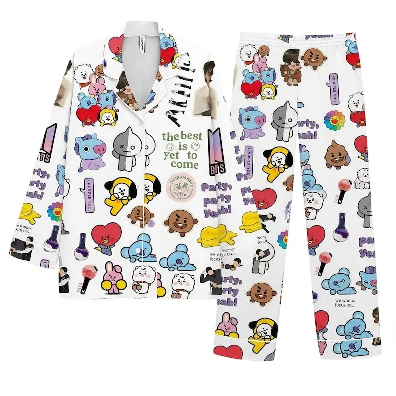 BT21 Cartoon Pajama Set, Kpop Inspired Sleepwear, Cute Character Long Sleeve PJs, Korean Pop Fan Loungewear, Cozy Gift for ARMY
