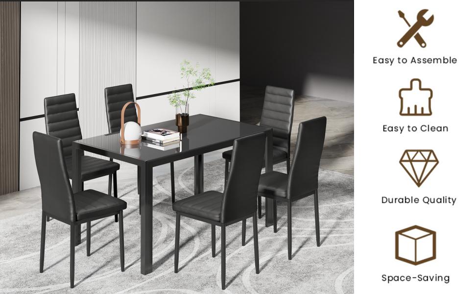 【2 Packages Shipping】Gizoon Glass Dining Table Sets for 6, 7 Piece Kitchen Table and Chairs Set for 6 Person, PU Leather Modern Dining Room Sets for Home, Kitchen, Living Room Seater Aesthetic