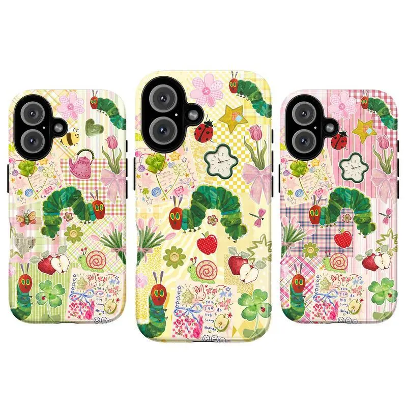 Cute Caterpillar Collage Phone Case|Whimsical Pastel Floral Patchwork Design|Kawaii Fruit Snail Ladybug Art For iPhone 17 Pro Max 16 15 14 13 12 11 for Samsung S21 S22 S23 S24 S25 Phone Case|Tough Phone Case|gift for him for her|Best Gift