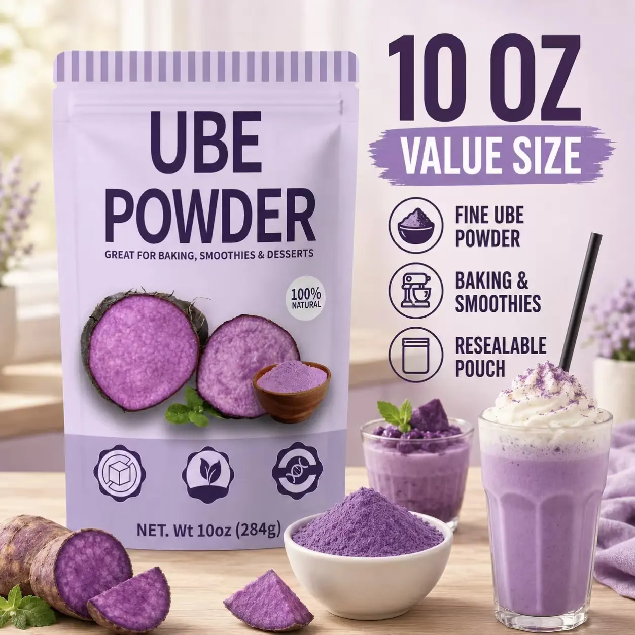 10oz Fine Milled Pure Natural Purple Ube Powder - Unsweetened Vegan Fiber Powdered Mix-In Flavoring for Baking, Smoothies & Desserts (Yam-Based Food Color for Drinks), Powdered Mix-In Flavoring Powder