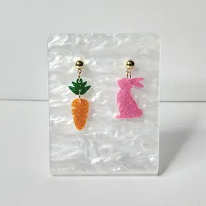 #163 Asymmetric Pink Glitter Bunny with Orange & Green Glitter Carrot with Gold Ball Studs Earrings, Casual Jewelry, Easter, Acrylic