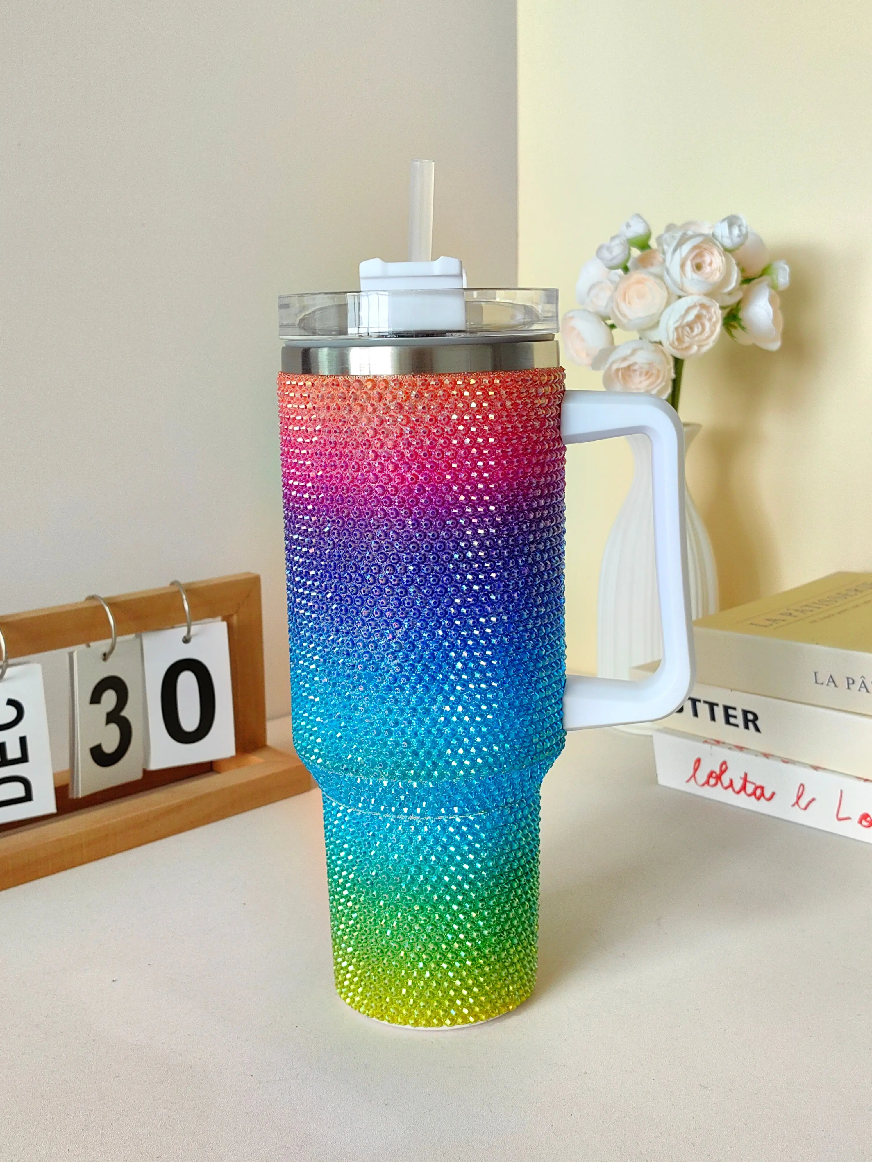 40oz Rainbow Gradient Tumbler with Straw and Handle, Colorful Design, Ideal for Drinks