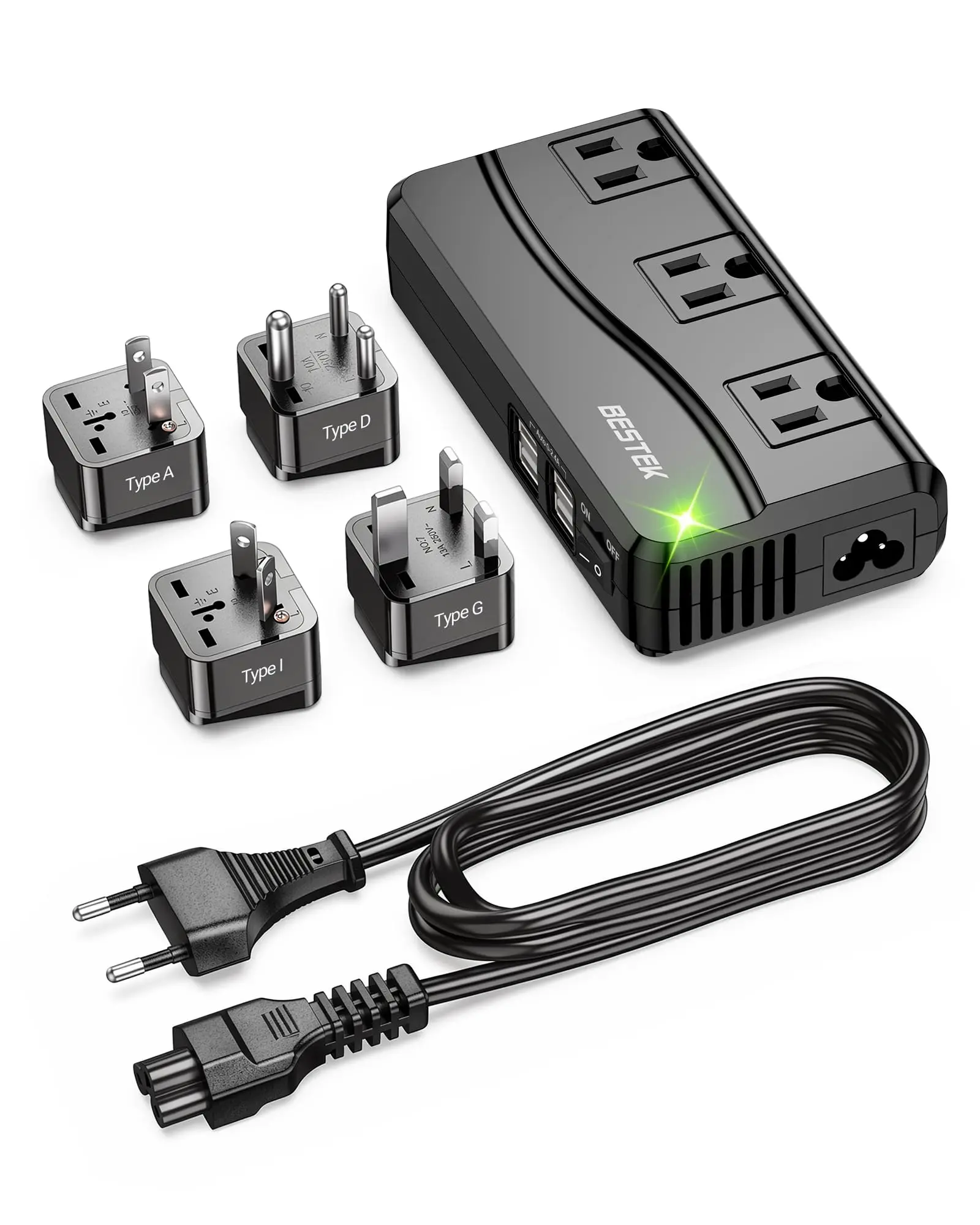 BESTEK Universal Travel Adapter 100-220V to 110V Voltage Converter 250W with 6A 4-Port USB Charging 3 AC Sockets and EU/UK/AU/US/India Worldwide Plug Adapter (Black)