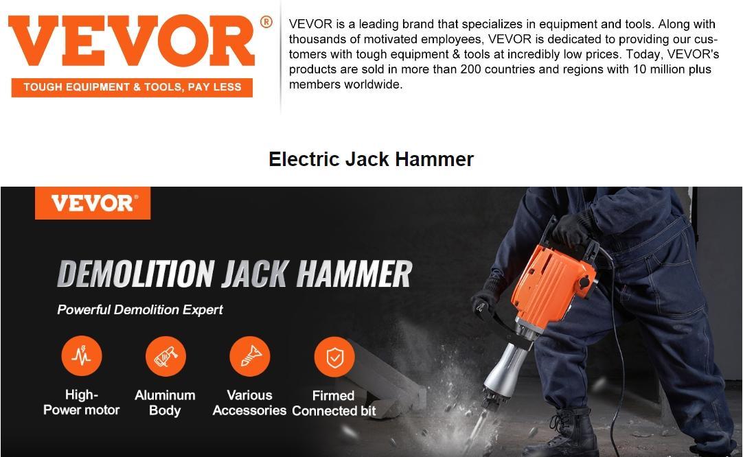 VEVOR Demolition Jack Hammer with 2/4/6 Chisel Bit, TikTokShopBlackFriday, 360°C Swiveling Front Handle, Electric Hammer & Gloves for Concrete Breaking