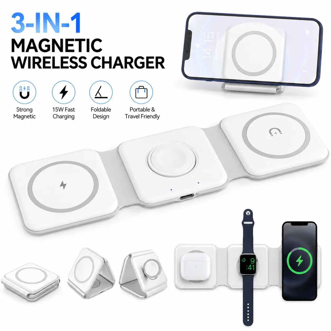3 in 1 Magnetic Wireless Charger, Foldable Wireless Charging Station, 15W Fast Charging Dock, Portable Travel Charger for Phone, Smart Watch & Wireless Earbuds-YY