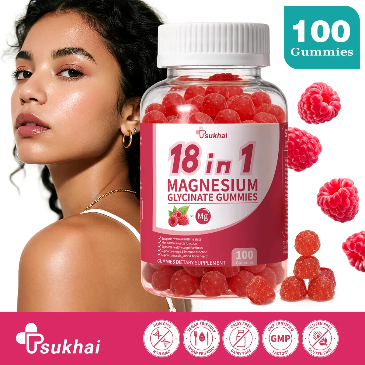 18-in-1 Magnesium Complex Vitamin Supplement Gummis, 100 Pieces Multi-Nutrient with Ashwagandha, L-Theanine, D3 & Zinc for Adults