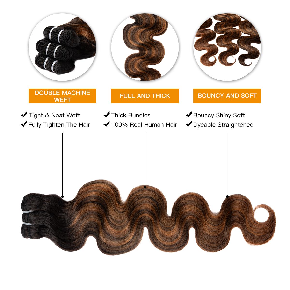 [Wequeen] #FB30 Highlight Hair Bundles Brazilian Colored Human Hair #T1B/P4/27 Body Wave Straight Quick Weave Sew in/Glue in Budget Friendly 10A
