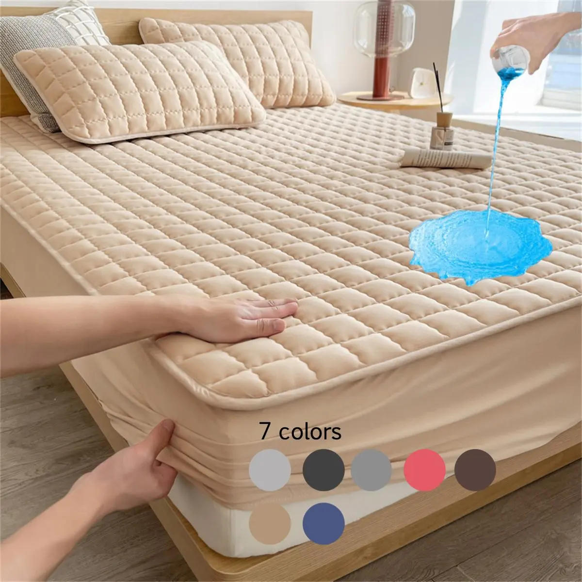 Solid Color Waterproof Plaid Textured Fitted Sheet, Soft Simple Hotel Style Polyester Bedding Quilted Mattress Cover for Bedroom, Pillow Case without Filler, Summer Bedroom Decor, Bed Linens, Bedding Sheets