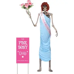 Party Greetings, 5 pcs, 12 ft skeleton costume accessories set, Pink Bony Club; 12-foot skeleton outfits including skirt, stole, wig, flowers, signage—for Halloween outdoor garden lawn party decorations