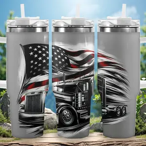 1pc 40oz American Flag Semi Truck Art Tumbler with Lid, Insulated Travel Mug, Gift for Women Men, Ideal for Halloween, Independence Day, Memorial Birthday Gift, Coffee Cup, weird stuff