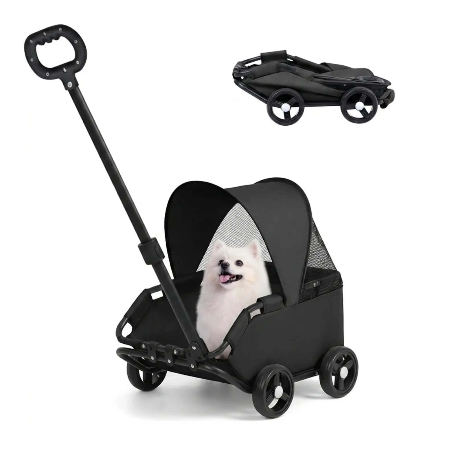 Puppy Stroller for Mini Pets - 4-Wheel Foldable Practical Doggie Wagon with Weather Cover, Extendable Pull Handle, Built-In Cushion, Safety Rope, Folding