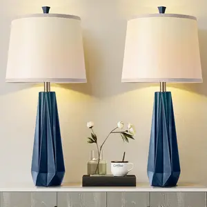 3 Color Temperature Table Lamps Set of 2, 27'' Navy Blue Modern Table Lamp for Living Room, Beside Lamp with Linen Shade, Resin Desk Lamp for Nightstands Bedroom Office Decor (2 Bulbs Included)