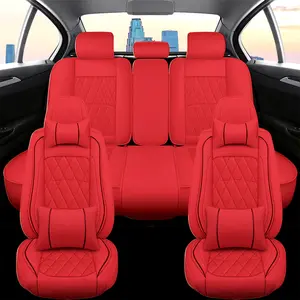 Universal Red Leather Car Seats Covers Protector 5 Seats Waterproof Leatherette Comfortable Seat Cushions with Pillows Luxury Design Superior Protection