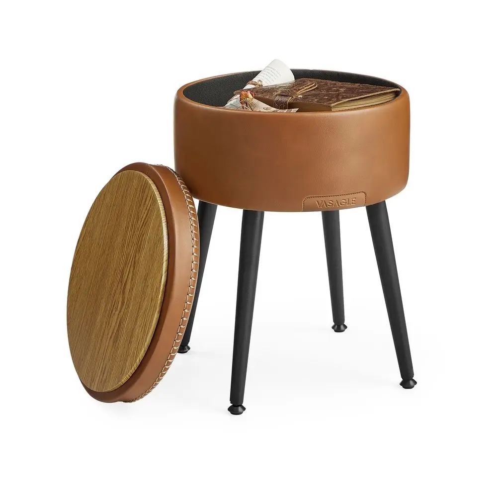 VASAGLE EKHO Collection Stitched Synthetic Leather Storage Ottoman - Mid-Century Modern Vanity Chair Stool, Round Seat with 1.2 mm Thick Walls, Steel Legs, Memory Foam, 150 kg/330 lb Load Capacity, 2.5-Gallon Storage, Swivel Leveling, Assembly Required, 2