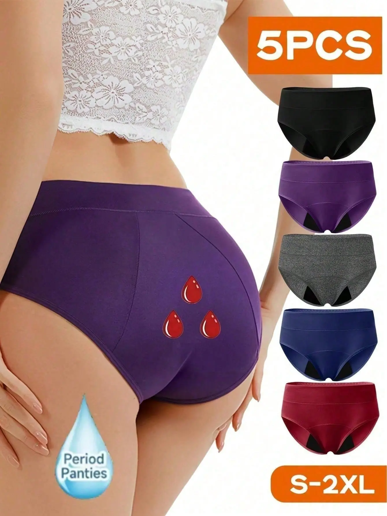 5 Pack Women High Waist Cotton Period Panties, Random 5 Colors Reusable Leakproof Underwear, Breathable Soft Comfortable Menstrual Briefs