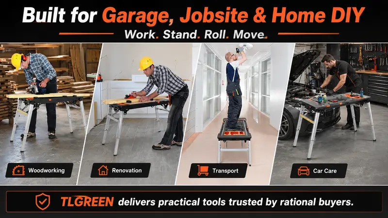 TLGREEN 7-in-1 Shape Shift Space-Saving Flexible Super-Flexible Rolling Base Work Table - Compact Fold, Flat-Folding, Lockable Wheels, Portable Sawhorse, Garage Scaffold Platform Tool Bench TLGREEN 7-in-1 Shape Shift Space-Saving Flexible Super-Flexible Rolling Base Work Table - Compact Fold, Flat-Folding, Lockable Wheels, Portable Sawhorse, Garage Scaffold Platform Tool Bench