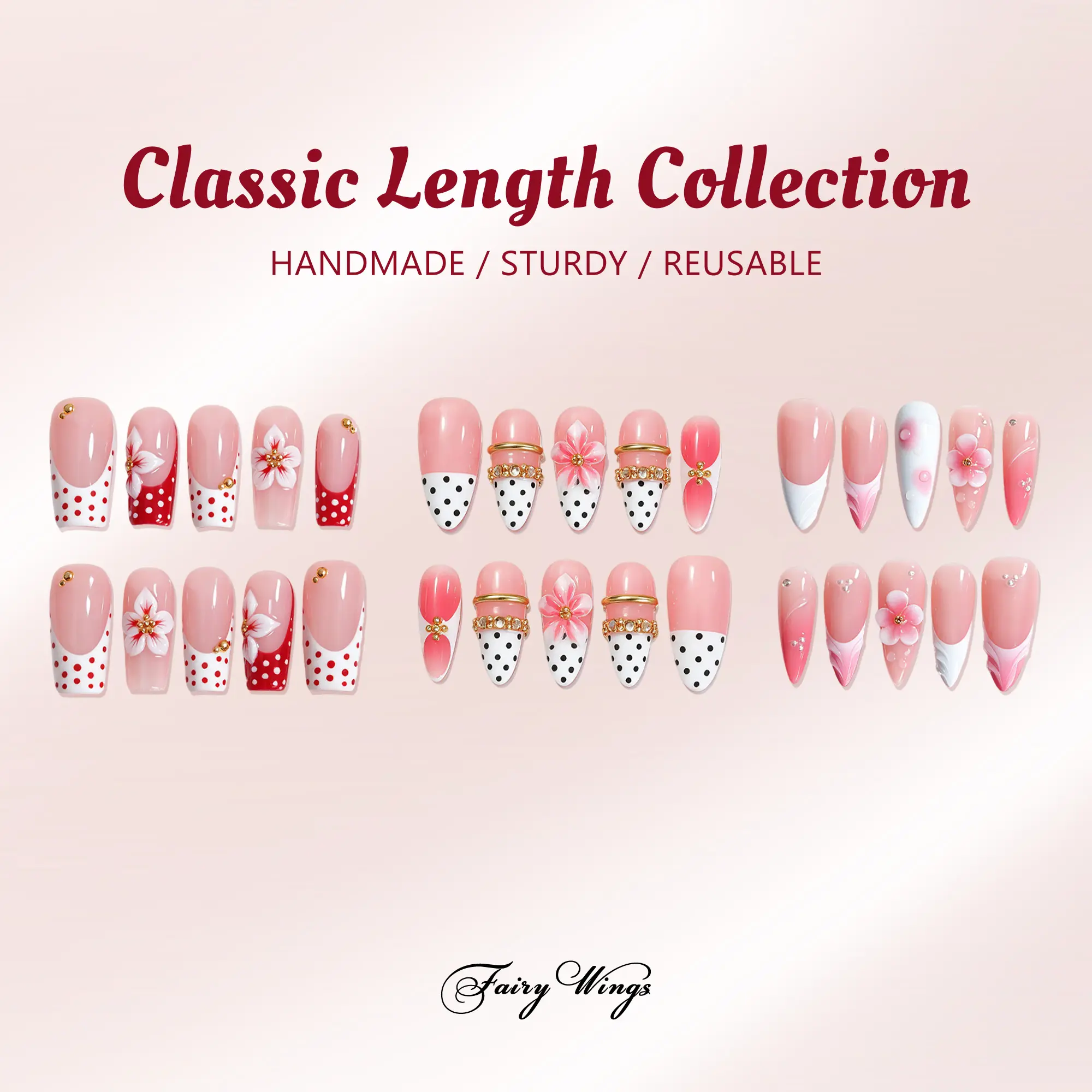 Fairy Wings | Classic Length Collection  Handmade Press On nails | 10PCS Reusable | Salon Quality | 3D Flower |  classic length