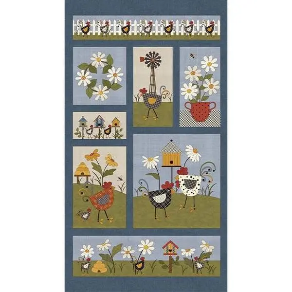 Fabric Benartex Blue/Multi Prairie Chicks Quilting Panel 16752-55