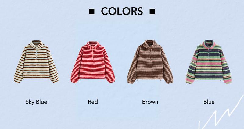 Cider Fleece Stripe Stand Collar Drawstring Half Zip Oversized Sweatshirt