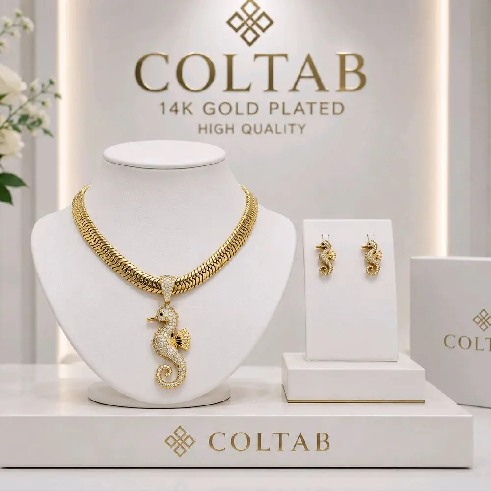Sea Horse Set Beautifull - Gold Tone Necklace & Earrings Set with Sparkling Sea Horse Pendant and Earrings