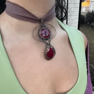 Handmade Copper Wire-Wrapped Ruby Gemstone Choker, 100% Cotton Ribbon Necklace