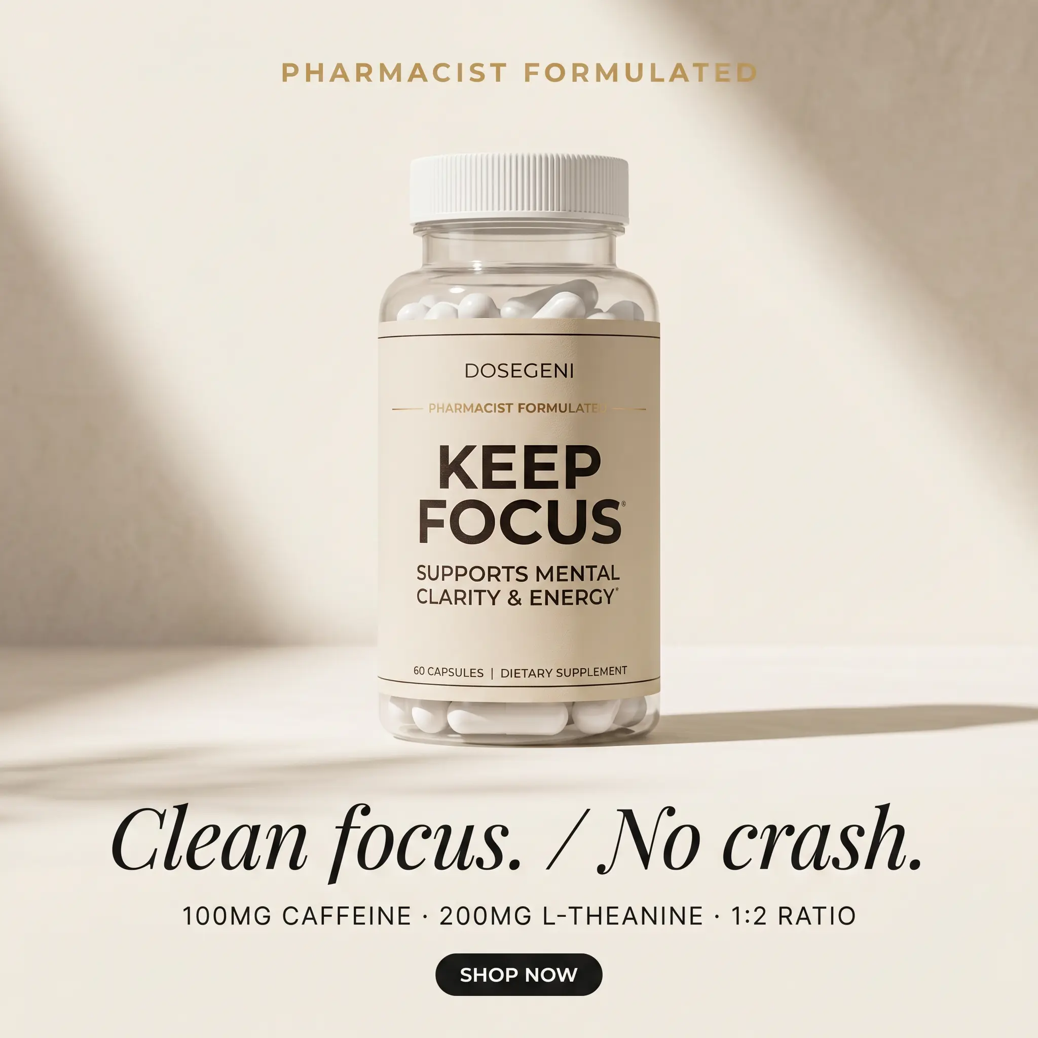 Keep Focus by DoseGeni - Caffeine + L-Theanine + Magnesium + B12 (60 servings) - Dietary Supplement