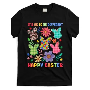 It's OK to Be Different Autism Awareness & Easter Bunny Graphic T-Shirt - Acceptance Diversity Apparel with Happy Easter Message - Soft Breathable Cotton Tee for Adults - Sizes S-XXXL - Easter Party Outfit Casual Attire, Autism Awareness Shirt