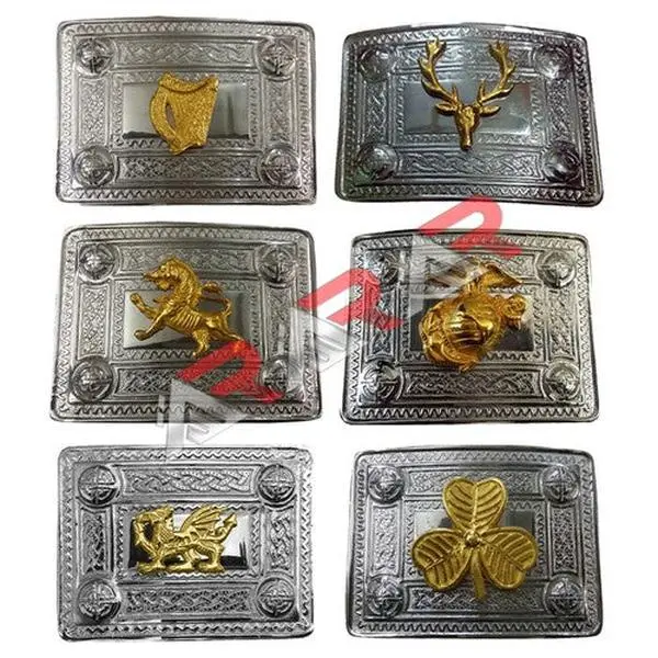 HAAUR TRADERS Male Scottish Kilt Belt Buckle - 3.75x2.75" Rectangular Premium Quality Brooch, Chrome Finish, Celtic Knotwork, Gold Choice Badge, Ethnic Pattern, Welsh Dragon, Stag Head, Irish Harp Accents, for Casual/Ceremony Use, Money Back Guarantee