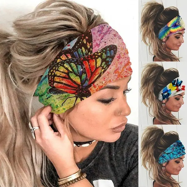 Women's 4Pcs Assorted Set Printed Headbands, Anti-Sweat Athletic Workout Headbands, Wide Bandana Scrunchie for Sports Yoga, Headbands For Women