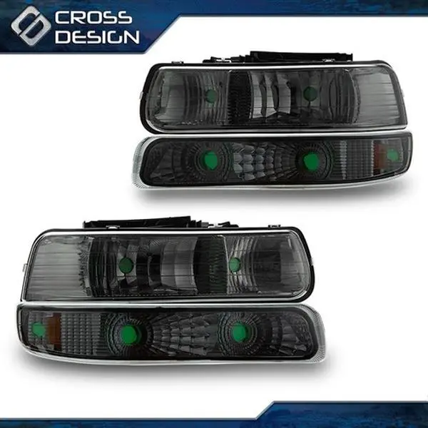 CROSSDESIGN 100% New Never Been Used Smoked Look Full Pair Corner Headlights & Signal Bumper Headlamps - Direct Bolt-On OE Fitment Automotive Accessory for 1999-2002 Chevy Silverado Truck (Replacement Car Light)