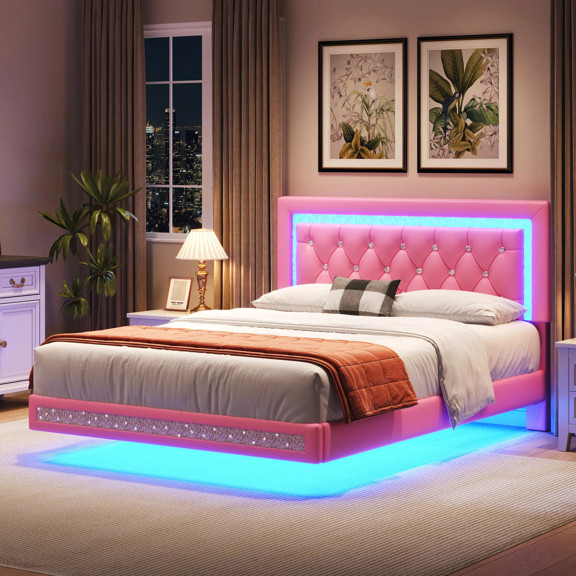 【Floating】TryLazy Floating Bed Frame with LED Lights Upholstered Modern Platform Bed Diamond Tufted Headboard Noise Free Comfort Platform Bedframes Platform Bed Design