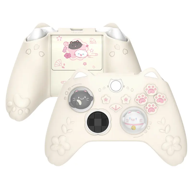 PlayVital Cute Silicone Controller Skin for Xbox Series X/S-Cherry Blossoms Kitten Anti-Slip Grip Protector W/Thumb Grips & Sticker -Soft Rubber Cover for Xbox Core Wireless Controller
