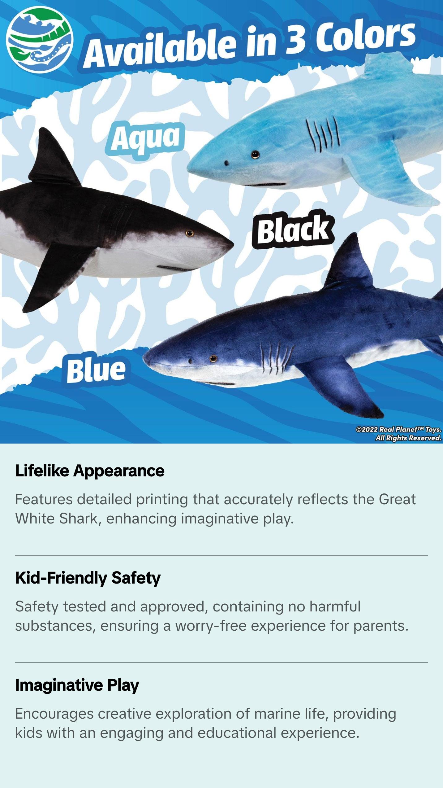 Real Planet™ Blue Lifelike Great White Shark Realistic Plush Stuffed Animal