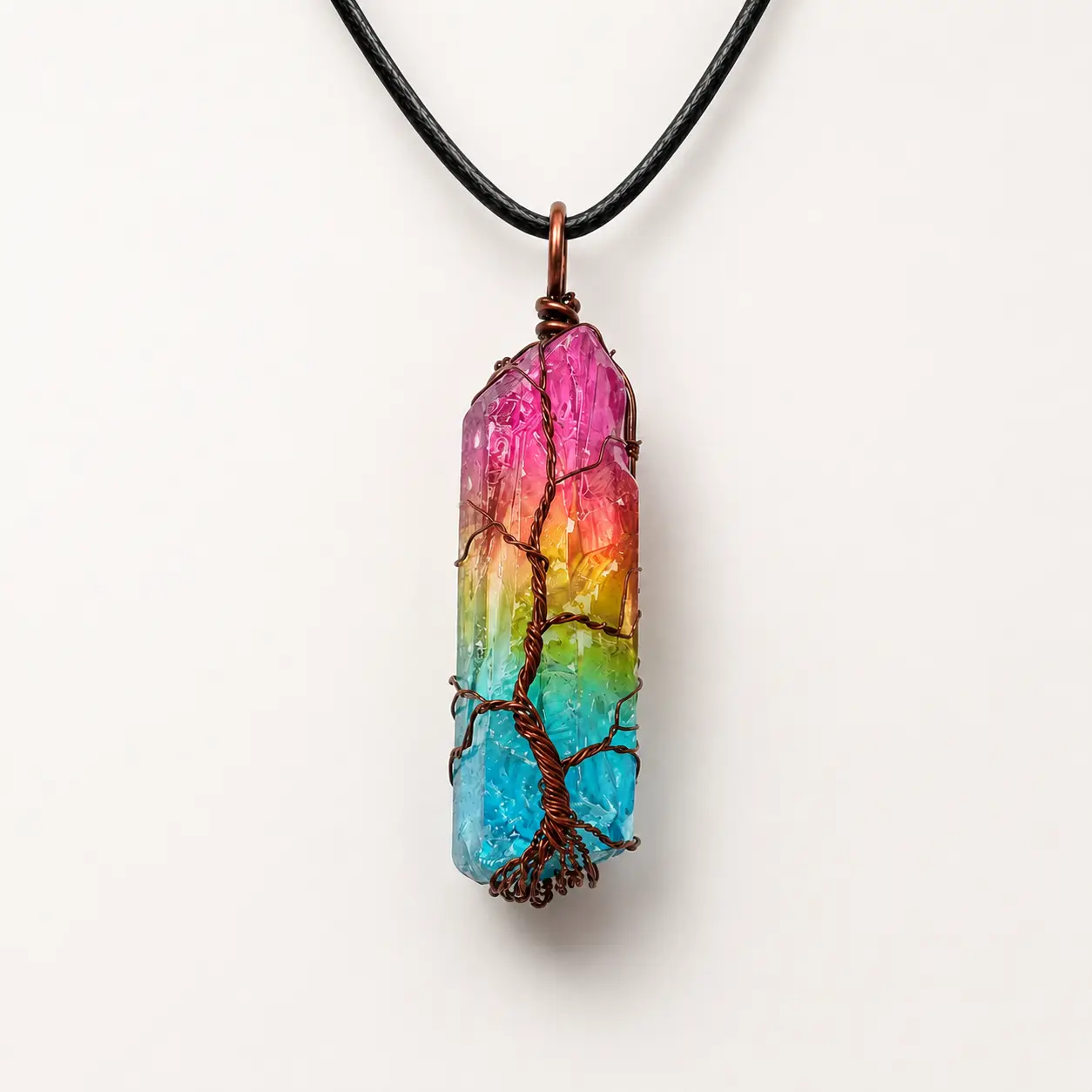 Female Tree of Life Crystal Point Pendant Necklace - Casual Retro Boho Style Rainbow Stone Column Jewelry, Anniversary Gift for Her, Cord, Black Cord Necklace, Adults, Bohemian Necklace