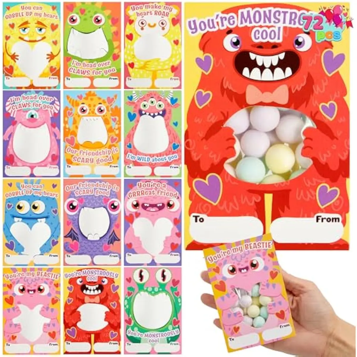 72 Pcs Valentines Day Gifts Cards of Monster Designs with Bags, Valentines Horrow Greeting Cards Candy Holder Cards for Kids, Classroom Exchange Cards Party Favors(Candy Not Included)