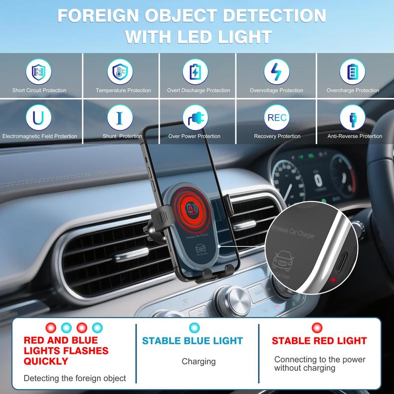 Wireless Car Charger, 15W Fast Car Charger Phone Holder fit for iPhone 17 16 15 14 13 12 11 Pro Max, Samsung Galaxy S23 S22 S21