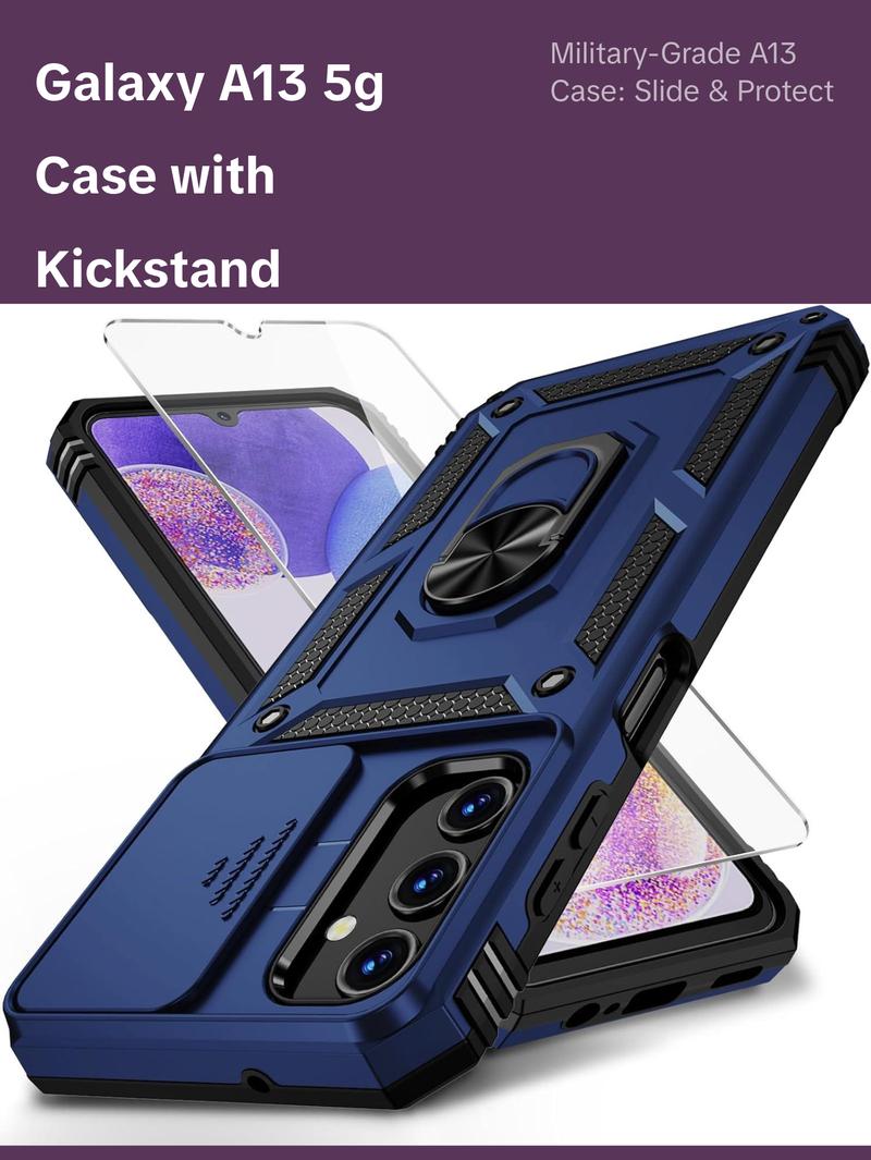 For Samsung Galaxy A13 5G Case, Galaxy A13 5G Phone Case,Slide Camera Cover HD Screen Protector Military Grade Magnetic Ring Holder Shockproof Kickstand Protective Case, Navy Blue Vinve