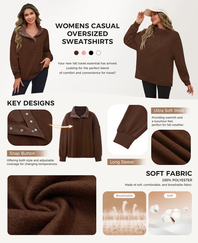 Fisoew Womens Oversized Sweatshirt Casual Snap Stand Collar Long Sleeve Pullover Tops Fall Travel Outfits Womenswear