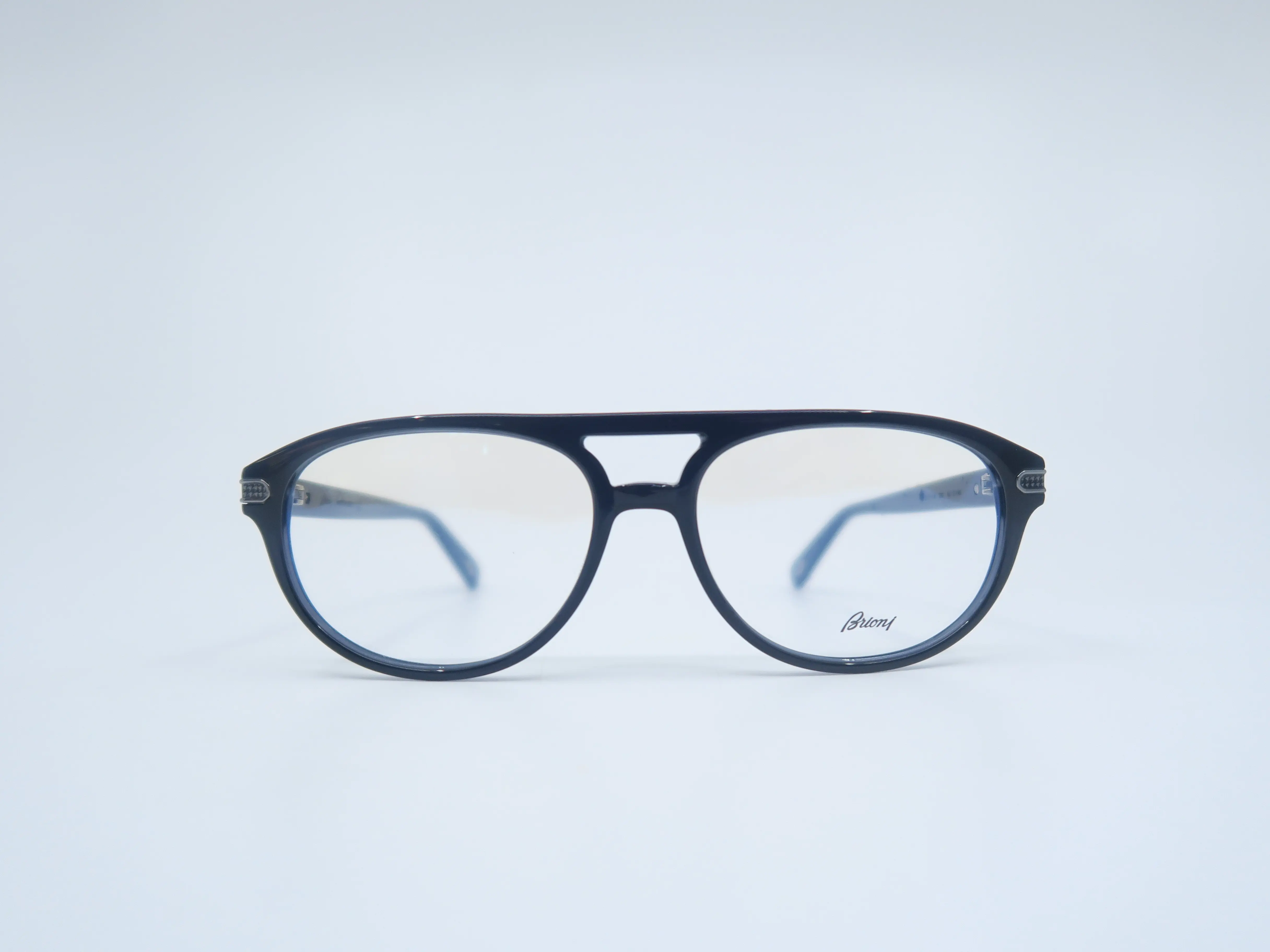 Brioni BR 0043O 002 Men's Black Pilot Eyeglasses Frames - 56mm, Double Bridge, Acetate, Black Sapphire Gloss, Brioni Printed Lenses (New), Solid, Retro Aviator Frames, Daily Wear, Full Rim, Statement Frame Glasses