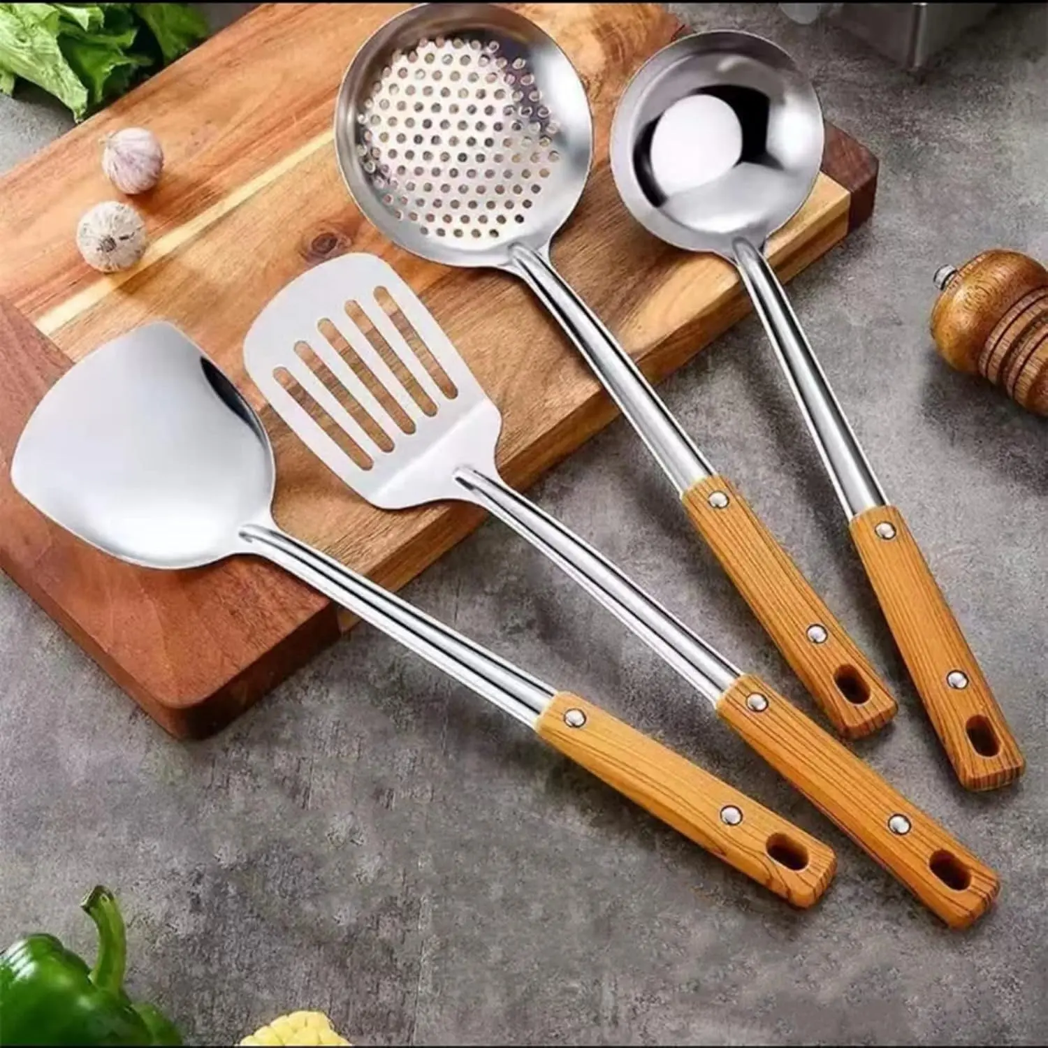 Sturdy 4-Pack 4-Piece Stainless Steel Kitchenware Wok Utensil Set - Spatula, Ladle, Skimmer, Slotted Spatula, Heat-Resistant Wooden Handle, Hanging Design, Oil-Resistant, Oil-Draining, Easy-to-Clean Kitchen Cooking Accessories