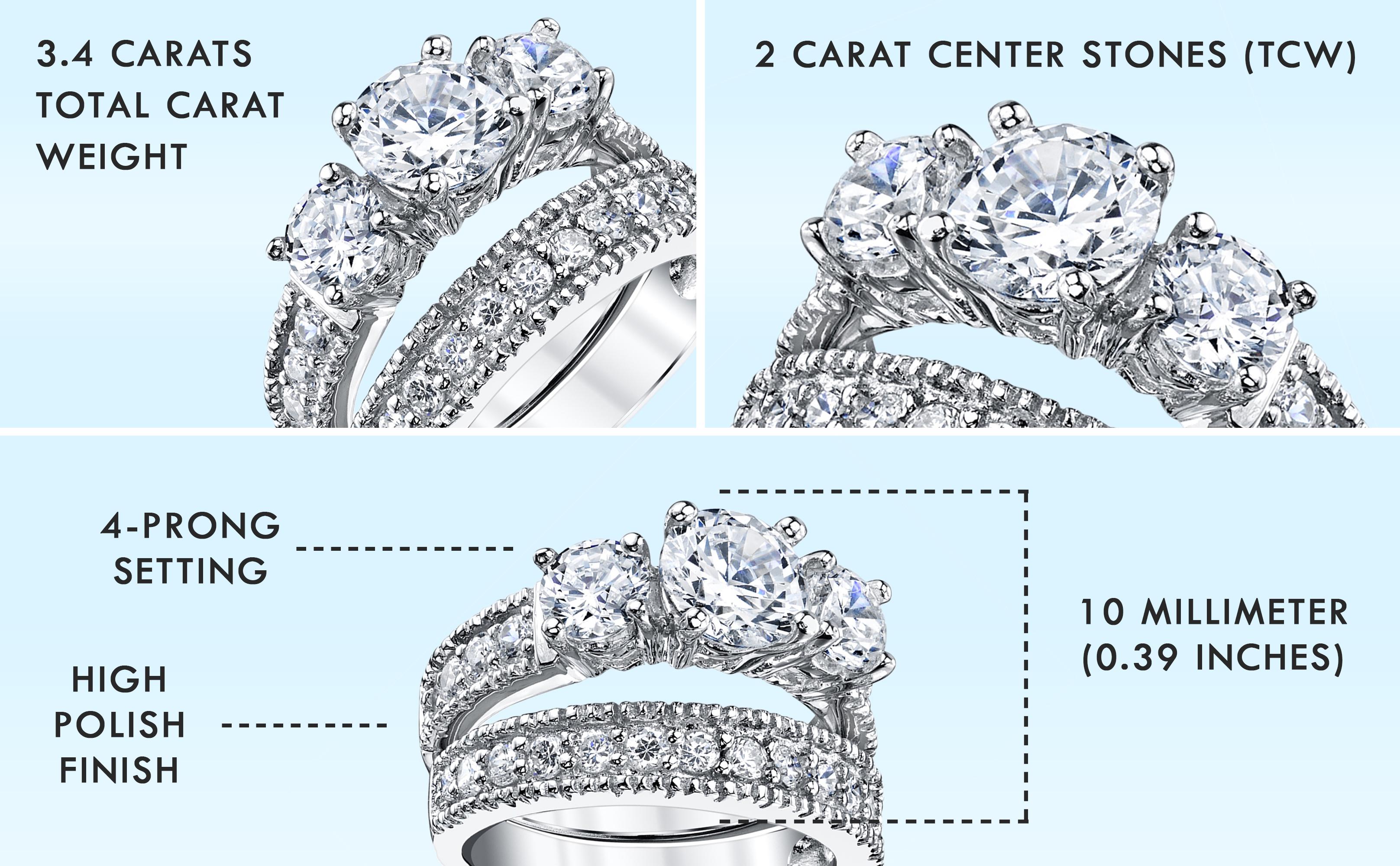 Women's 3.4Ct. Sterling Silver Past Present Future 2-Pc Bridal Set Engagement Wedding Ring Cubic Zirconia