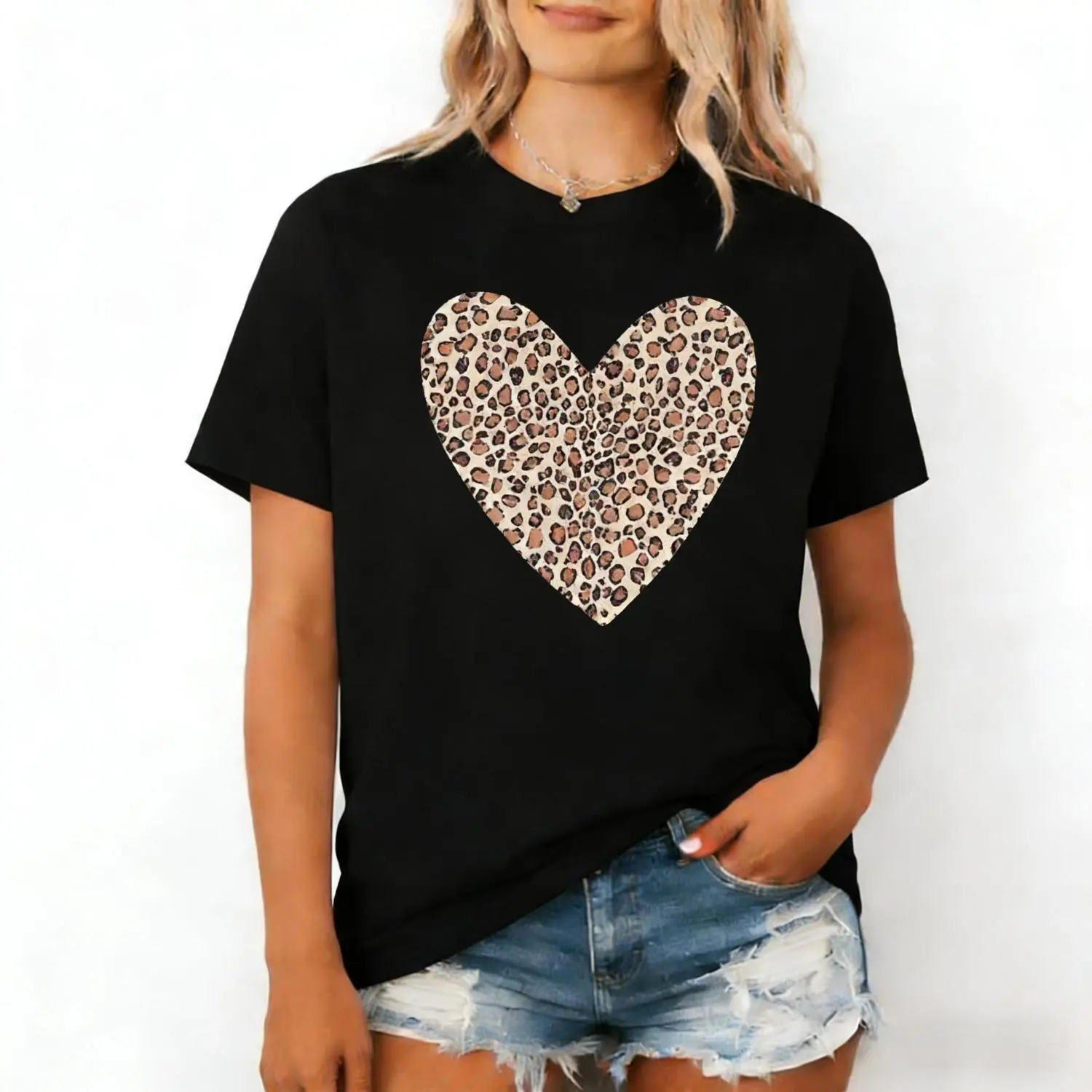 Leopard Heart Shirt – cute Valentine’s Day tee with animal print heart design, perfect casual Valentine shirt for a fun, stylish look.