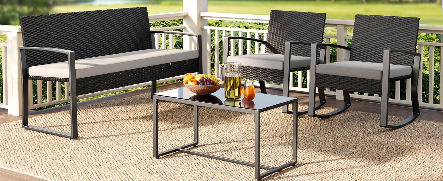 Gizoon 4 Piece Outdoor Patio Furniture Set, Wicker Patio Furniture with Glass Coffee Table, Rocking Wicker Bistro Set, for Backyard, Poolside, Porch (Grey)
